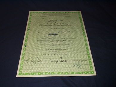 Aksjebrev i aksjeselskapet Christiania Eiendomsselskap  1969.