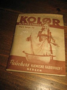 Pen, gammel pakke med ubrukt innhold, KOLØR HJEMMEFARGE, fra Fleischers Kjemiske Fabrikker, Bergen, 40 tallet, MØRK BEIGE, 72