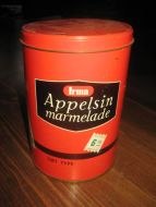 Boks uten innhold Irma Apelsinmarmelade ca 12 cm i diameter 17 cm høg 60 tallet