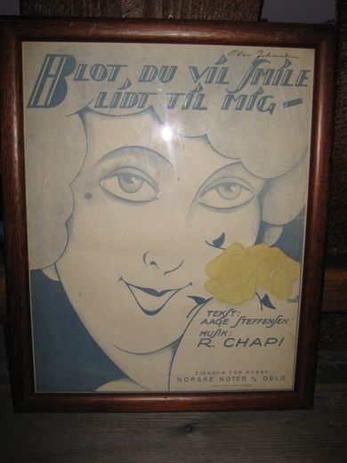 Notehefte (forside?) i glass og ramme BLOT DU VIL SMILE LIDT TIL MIG 40 tallet