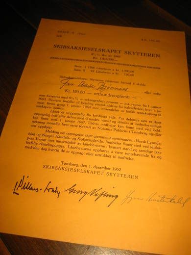 Lånebrev på kr 1916.250.- SKIBSAKSJESELSKAPET SKYTTEREN, TØNSBERG,  SERIE II, 1962. KR 150.-