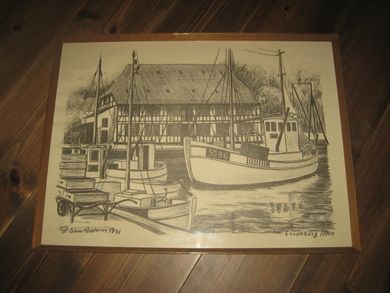 Maritimt bilde i glass og ramme Lundeborg Havn 1971 63*47 cm stort