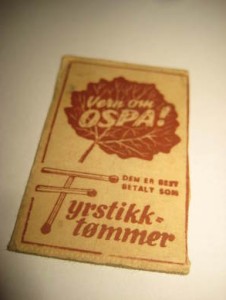 Forsida på eldre fyrstikkeske, VERN OM OSPA, FYRSTIKK TØMMER, 60 tallet. 