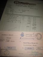 GERDT MEYER BRUUN BERGEN Faktura og kvitering på innbetaling av fiskeutstyr 25 juli 1955