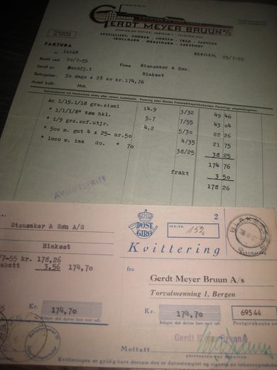 GERDT MEYER BRUUN BERGEN Faktura og kvitering på innbetaling av fiskeutstyr 25 juli 1955