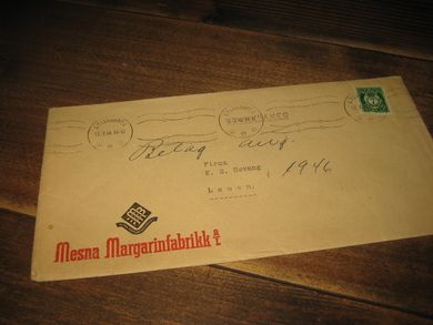 Frankert konvolutt fra Mena Margarinfabrikk Lillehammer 13 7 46