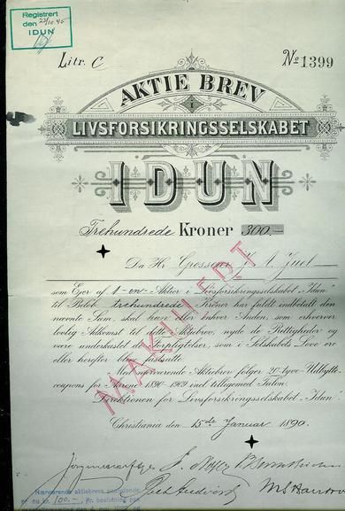 IDUN, LIVSFORSIKRINGSSELSKAPET, 1890, Nr 1399, kr. 300.-