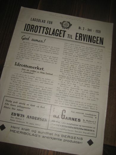 1939 nr 003 LAGSBLAD FOR IDROTTSLAGET ERVINGEN- BERGEN