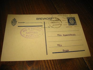 BREV KORT til  Vik Sparebank, 2.8. 1926. Meget pent. 