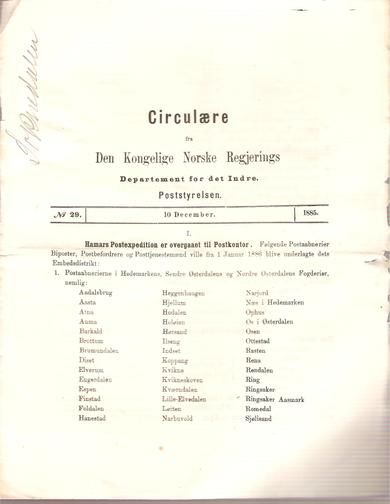 1885,nr 029, Cirkulære fra Den Kongelige Norske Regjerings Marine- og Post- Departement.