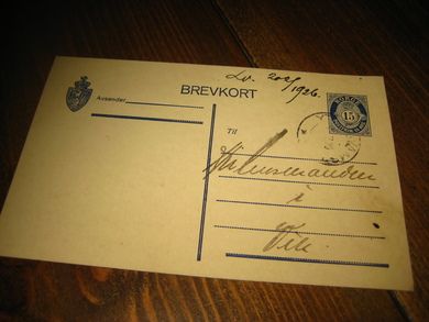 BREV KORT til lensmanden i Vik Sogn 6 2 1926 Meget pent