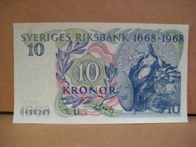 1968 10 KRONOR 0458287 meget pen seddel