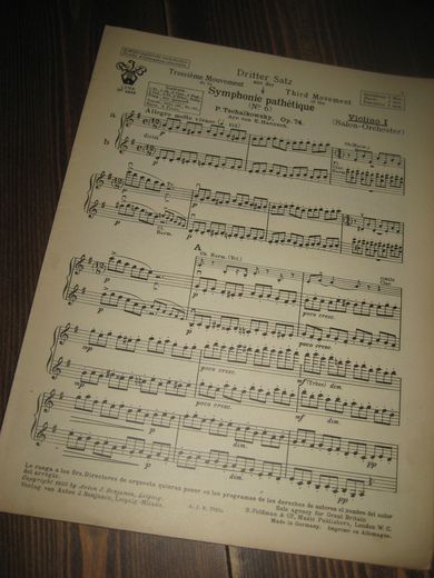 Tschaikowsky, Op. 74, Symphonie pathetique, dritter satz, Violino I, 1925.