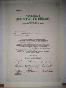 Den norske Creditbank,  3 aksjer, 1979, aksjebrev  nr 215185
