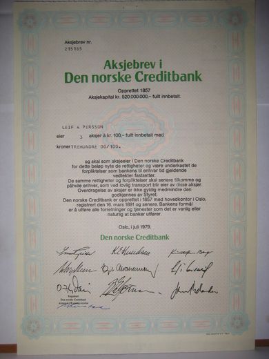 Den norske Creditbank,  3 aksjer, 1979, aksjebrev  nr 215185