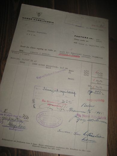 Faktura fra NORSK KABELFABRIK DRAMMEN 2 FEBRUAR 1945