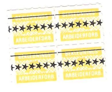 Gule fagforeningsmerker fra Beklednings Arbeider Forbundet 4 blokk