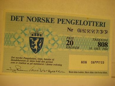 1984, trekning 808,                  DET NORSKE PENGELOTTERI.            Nr. 0899733.