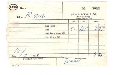 ESSO faktura fra GEORGE ROKNE & Co VOSS 1958