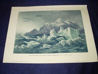 SVØMMENDE ISBJERGE UDFOR MOUNT ST ELIAS PAA ALASKAS KYST EFTER F PERLBERGS MALERI