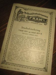 Strøken brosjyre fra Fram Forsikringsselskap, STUDIEFORSIKRING, 1939