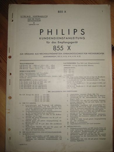 Phillips sercice dokumentasjon for 855X 1939