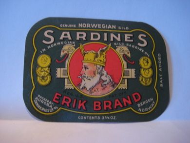 SARDINE ERIK BRAND, fra AURORA CANNERIES LTD, BERGEN.