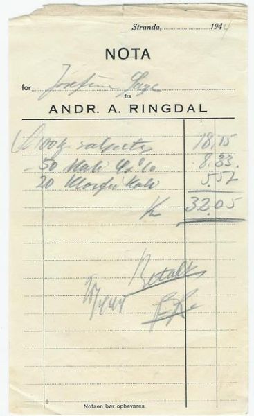 Nota fra ANDR A RINGDAL Stranda 1944
