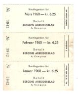 Betalt kontogent for BERGENS ARBEIDERBLAD januar, februar og mars 1960