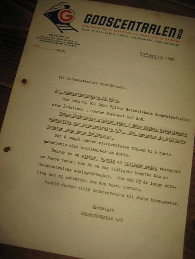 GODSCENTRALEN OSLO 1948 Dampskipsfrakter