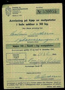 Anvisning på kjøp av matpoteter i hele sekker a 50 kg.  21/8- 1945.