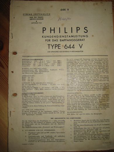 Phillips sercice dokumentasjon for 644V. 1940.