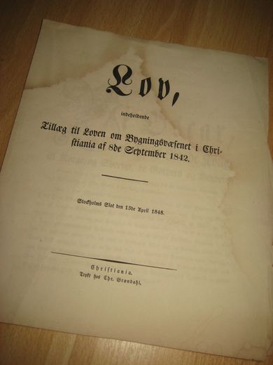 1848, Lov indeholdende Tillæg til Loven om Bygningsvæsenet i Christiania af 8de September 1842.