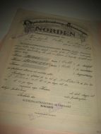 Olycksfall forsikrings Aktiebolaget NORDEN FORSIKRINGSBREV, tidleg 1900.
