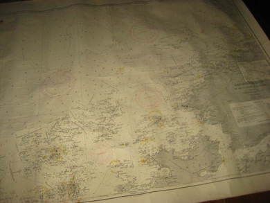 Gammelt sjøkart ca 100*70 cm stort DEN NORSKE KYST FRA ONA TIL FUGLEMN OG KVITHOLMEN udgivet af Norges Geografiske Oppmaaling 1908 Rettet 1957