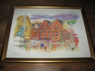 Pent bergensbilde i glass og ramme ca 45*35 cm stort Motiv fra Torget i Bergen 1984 Gamle Zakariasbryggen Jan Midtun