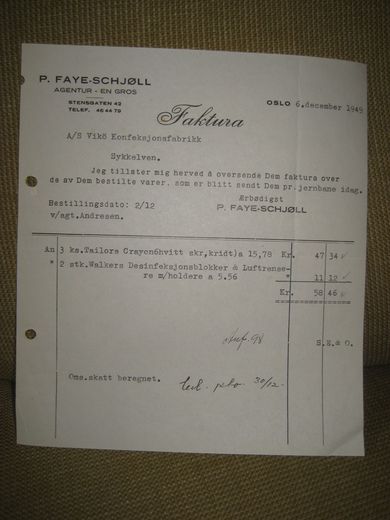 P FAYE- SCHJØLL OSLO 6 12 1949