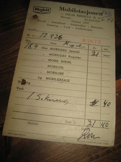 Kvitering fra Mobilstasjonen OSCAR RØRHUS ÅLESUND 1965