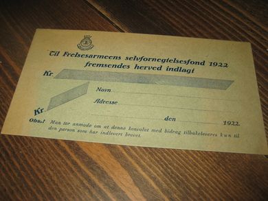 Strøken, ubrukt konvolutt med tekst: Til Frelsesarmeens selvfornegtelsesfond 1922.