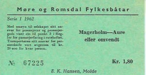 67225, Billett fra Møre og Romsdal Fylkesbåter i 1962.