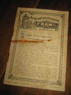 Forsikringstabell fra Det Norske Forsikringsselskap, FRAM, 1939. 