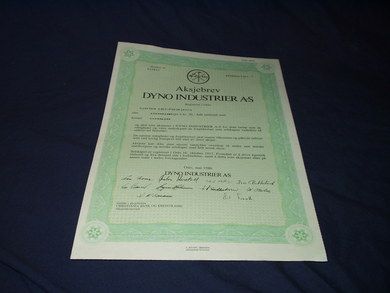 Aksjebrev DYNO INDUSTRIER A-S  1986