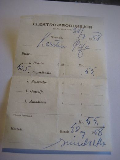 Kvitering fra ELEKTRO PRODUKSJON KARL GJÆRDE Stranda 1958