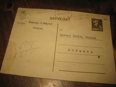 Brevkort til Brødrene Rusten Stranda fra Samuel Meyer Bergen 19 3 41