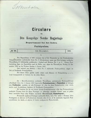 1886,nr 028, Circulære fra Den Kongelige Norske Regjerings Departement for det Indre. Poststyrelsen.