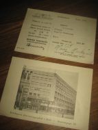 Kvitering på betalt polise i NORSKE FORENDE LIVSFORSIKRINGSSELSKAP med bilde av selskapets forretningsgård på baksida Juli 1950