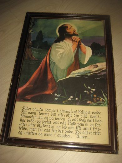 Meget pent gammelt kristusbilde med tekst ca 31*48 cm stort Innramma ved Halfdan Solberg Bergen tidleg 1900
