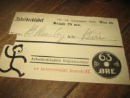 Kvitering fra Arbeiderbladet for betalt abbonement for uke 39, 1938.
