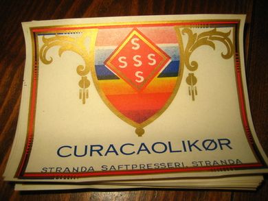 Etikett CURACAOLIKØR fra Stranda Saftpresseri 60-70 tallet Lag din egen likør og bruk en dekorati etikett