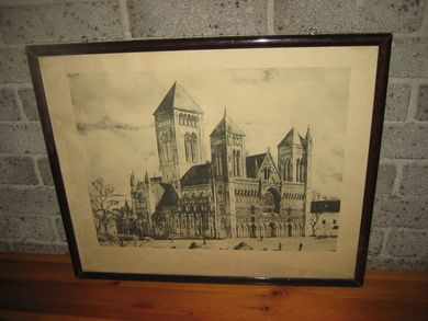 Nidarosdomen i Trondheim. Pent bilde i glass og ramme, tidleg 1900.